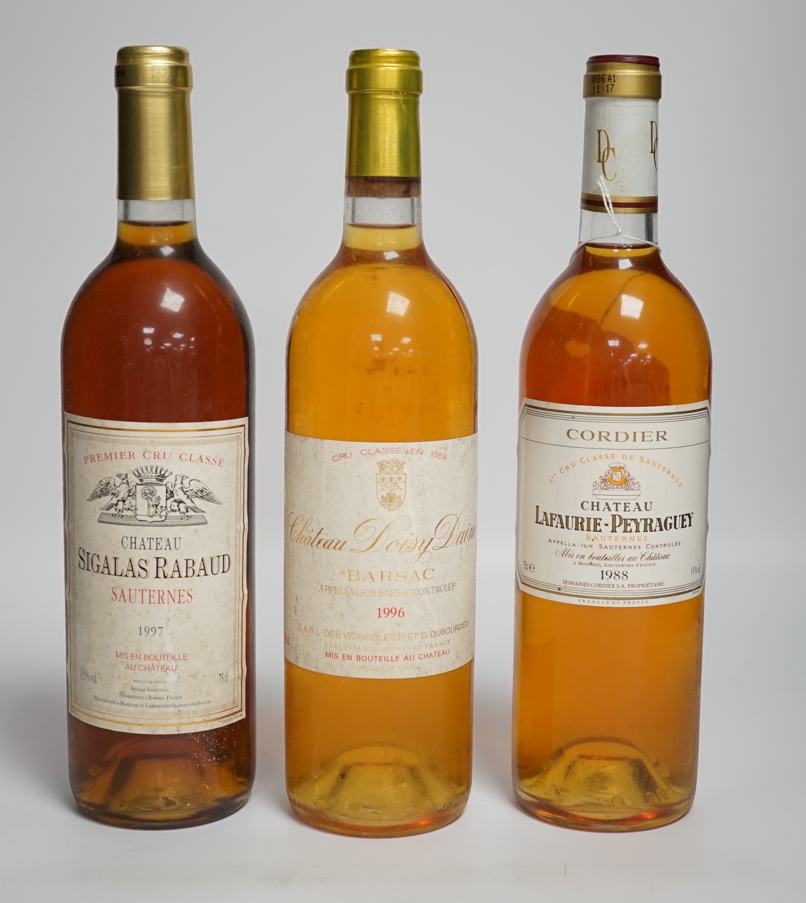 Three bottles of Chateau Lafaurie-Peyraguey 1988 Sauternes, five bottles of Chateau Doisy Daene 1996 and six bottles of Chateau Sigalas Rabaul 1997